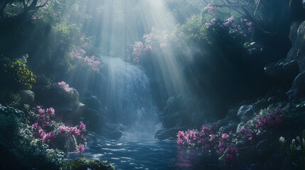 Fototapeta premium Surreal dreamscape waterfall scene enchanted forest background wallpaper nature tranquil landscape viewpoint