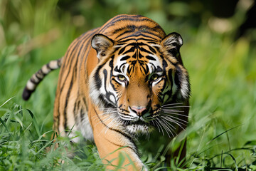 Fototapeta premium majestic Siberian tiger prowling through lush green grass with intense focus