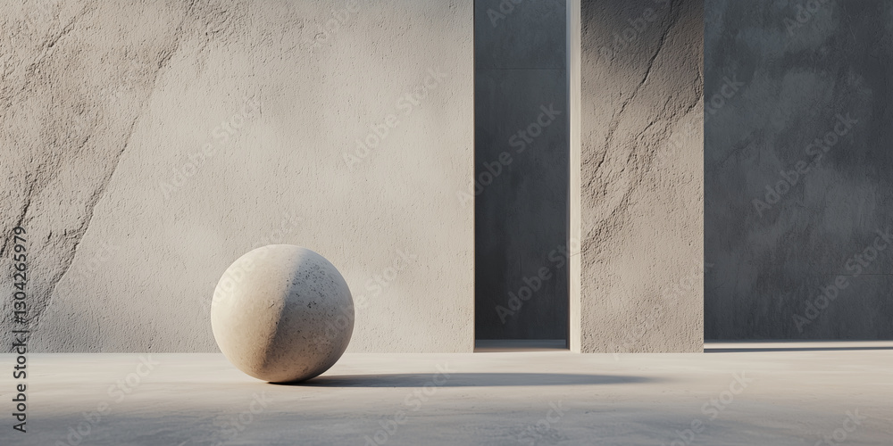 Poster minimalist scene with textured concrete sphere and walls, casting soft shadows