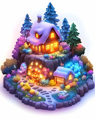 Snowy cabin village scene