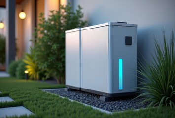 Home Battery Storage. A modern home battery storage system sits in a backyard.