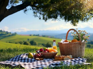 A vibrant picnic scene featuring fresh fruits and a basket on a sunny day outside.