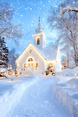 Snowy church at night, illuminated path