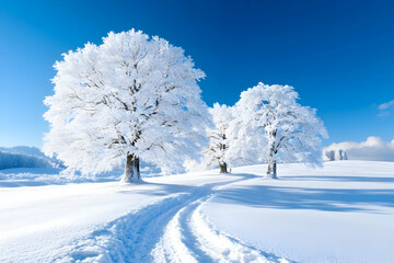Obraz premium Snowy Trees, Winter Path, Sunny Day