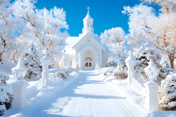 Snowy Winter Chapel Pathway