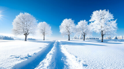 Fototapeta premium Snowy winter wonderland path through frosted trees