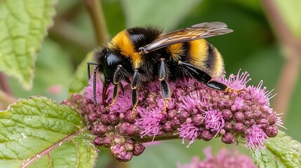 Fototapeta premium Close-up of a bumblebee feeding on a flower cluster in a garden setting