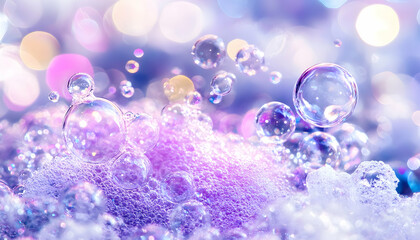 Sparkling soap suds with bubbles in soft light