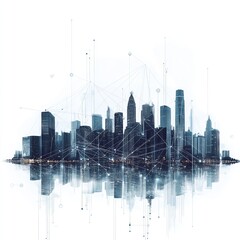 Obraz premium A Technologically Advanced Cityscape with Illuminated Skyscrapers, Digital Connections, and Reflections Over Water