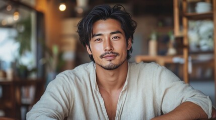 Portrait of a Calm Young Asian Man in a Cream Shirt