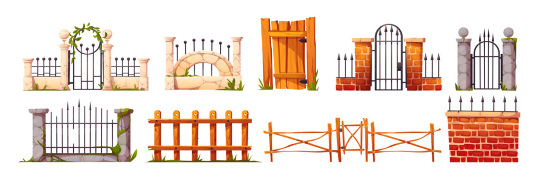 Wooden and stone fences set isolated on white background. Vector cartoon illustration of rural farm, city garden, house backyard, old cemetery gate and barrier made of wood, iron, bricks and rocks