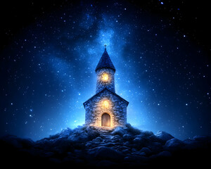 Fototapeta premium Starlit Chapel on Mountaintop at Night