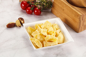 Crushed parmesan cheese in the bowl