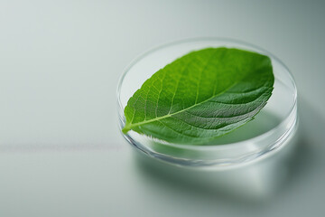single green leaf in petri dish on smooth surface, showcasing its texture