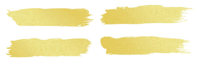 Gold foil brush strokes set with metallic texture. Shimmering yellow paint line swipes. Realistic luxury elegant golden elements for design projects, wedding invitations or packaging decoration.