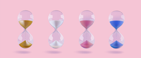 Hourglass sand clock. Time budget glass countdown. 3d hour measure concept. Realistic crystal transparent modern bulb of sandglass timer. Golden pink, white blue period flow. Stopwatch deadline alert
