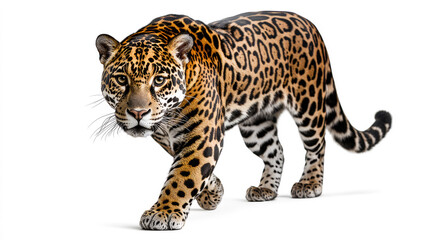 Naklejka premium Majestic jaguar walking forward on a clean white background, highlighting its golden fur, black rosettes, and intense gaze. A powerful symbol of strength, wildlife conservation the Amazon rainforest