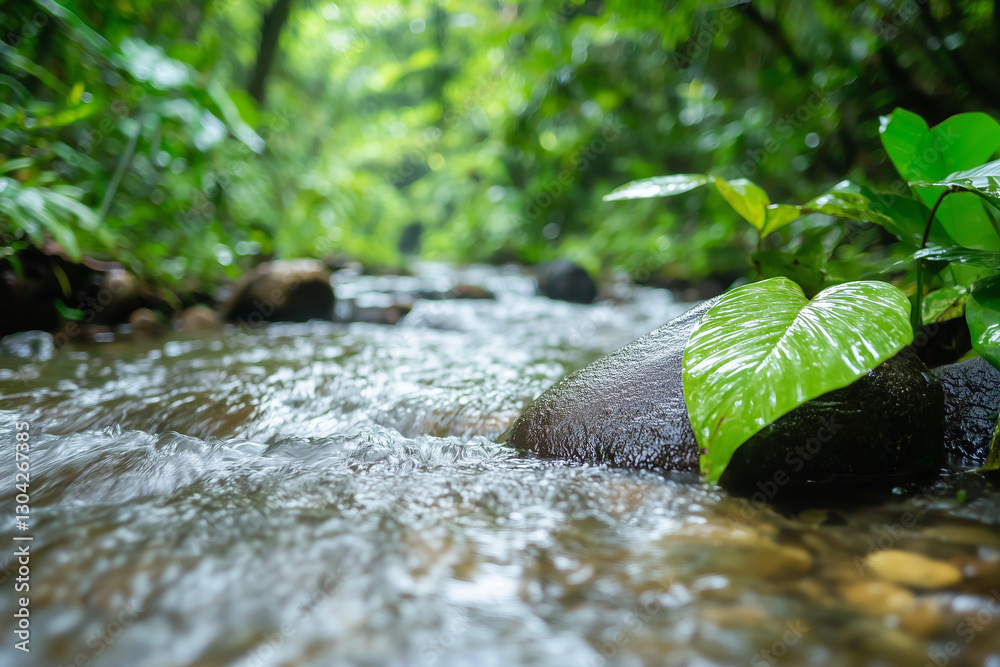 Poster serene rainforest stream flows over smooth rocks surrounded by lush greenery