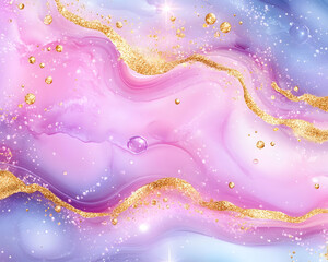 Swirling pink, purple, blue abstract with golden accents and sparkling background
