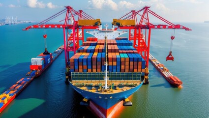 Cargo ship full of colorful containers at port. Red cranes load containers onto vessel. Blue water surrounds ship. Cloudy sky above ocean.