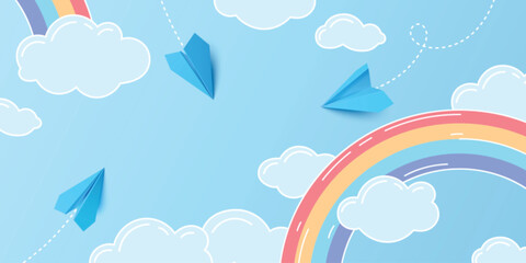 3D paper planes fly through cartoon clouds and rainbow on blue sky background. Vector illustration for travel, dream or imagination concept. Origami airplanes soar in colorful minimalistic design.
