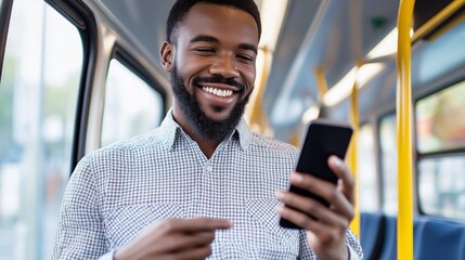 smiling man holding his phone while riding a bus or train, casually using an app to stay connected during his daily commute.