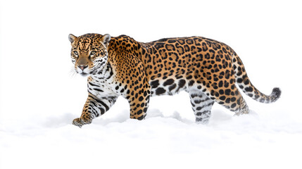 Majestic jaguar walking forward on a clean white background, highlighting its golden fur, black rosettes, and intense gaze. A powerful symbol of strength, wildlife conservation the Amazon rainforest