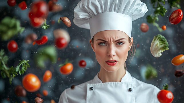 Angry woman chef around falling vegetables on dark background
