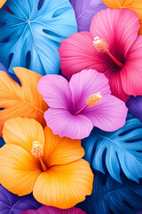 Tropical flowers, vibrant leaves, design