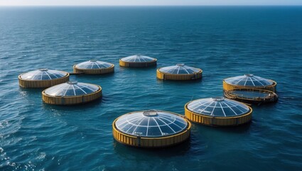 Fototapeta premium Floating platforms on blue sea water. Group of yellow structures with dome and grid on ocean surface.