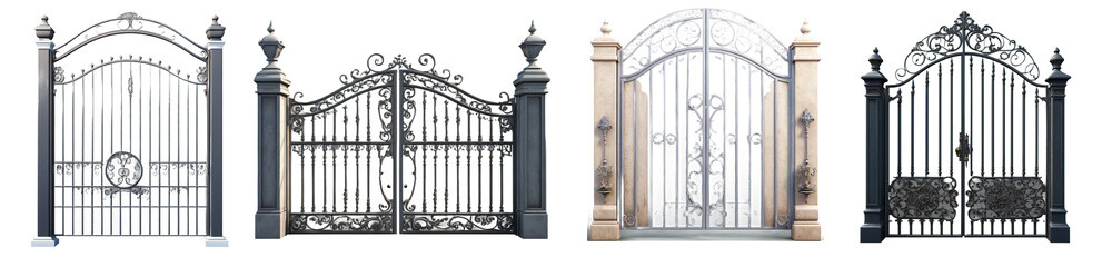 A vintage-style top view of an old iron gate set with a transparent background, featuring a clean cut-out design, highlighting the intricate details and weathered texture in a timeless, classic style.