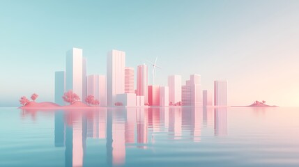 Obraz premium Cityscape reflects in water; windmill power; sunrise background. Used for eco ads