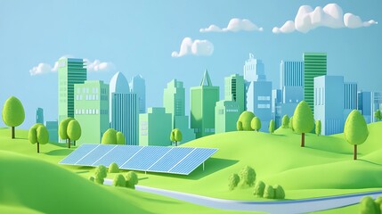 Solar panels supply city energy; clean energy; green hills; sustainability ad