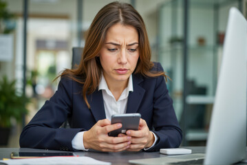 Obraz premium Woman upset after being scammed by phone fraudsters, lost money to phone scam, emotional impact, worried expression, financial loss, distressed woman, smartphone scam, stressful situation