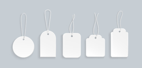 Gift tag collection with white string of different shapes - round and rectangular, rounded corner, scalloped edge models. Empty price labels for shop merchandise. Blank 3d template mockup set.