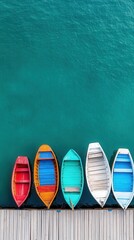 Colorful wooden boats anchored near wooden pier, floating on calm turquoise waters, capturing peaceful maritime summer atmosphere