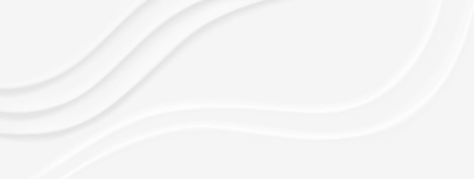 Neumorphism background with soft white curved lines on light grey surface. Minimal wave pattern with subtle shadows. Clean geometric curved emboss relief texture. Elegant monochromatic banner design.
