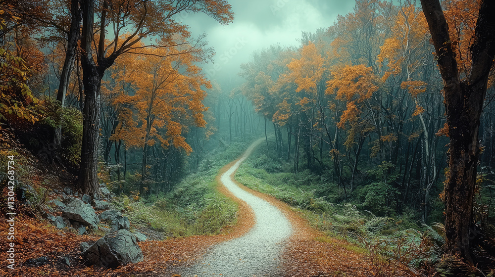 Poster serene forest path surrounded by vibrant autumn foliage and mist
