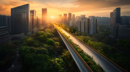 Obraz premium Elevated road through urban green space under sunset sky. Commute, nature use