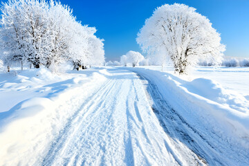 Obraz premium Winter wonderland road through frosted trees