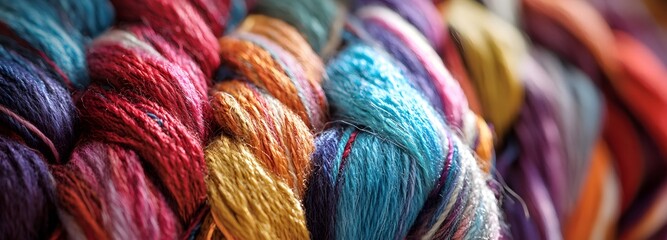 Vibrant Fiber Harmony: A collection of meticulously dyed yarns in a spectrum of rich, diverse colors, beckoning the tactile artist in us all. The interplay of colors evokes creativity and passion.