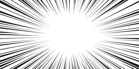 Comic speed lines radiating from central space on white background. Black dynamic straight strokes extend outward for manga effect. Classic action burst pattern for motion emphasis or explosive moment