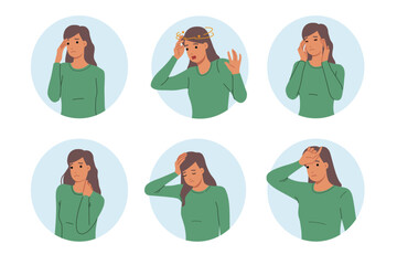 Tired woman feels dizzy or has headaches and migraines due to regular overexertion and lack of rest. Signs of health problems in tired girl who needs butt in comprehensive medical study