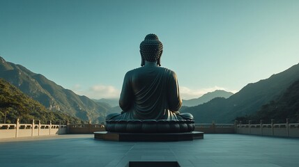 Sunrise Buddha statue, mountain backdrop, peaceful serenity, meditation