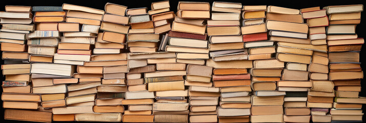Fototapeta premium large collection of stacked books in various colors and sizes, showcasing beauty of literature and knowledge. arrangement creates visually appealing pattern