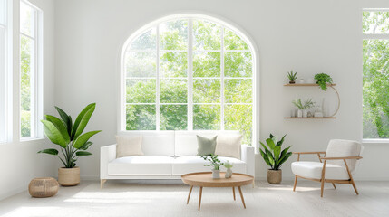 Modern living room with large windows, plants, and minimalist furniture