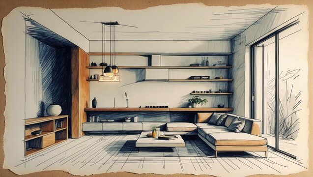 Sketch interior shows modern living room with sofa and kitchen in background. Design is on ripped paper with visible pencil lines and some digital shading.
