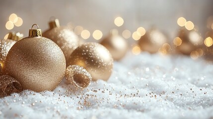A collection of shimmering gold Christmas ornaments is scattered across a pristine white snow-covered surface, reflecting light and creating a festive, wintry atmosphere.