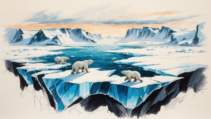 Sketch of polar bears walking on blue ice in arctic landscape. Distant mountains covered with snow in background under orange sky.