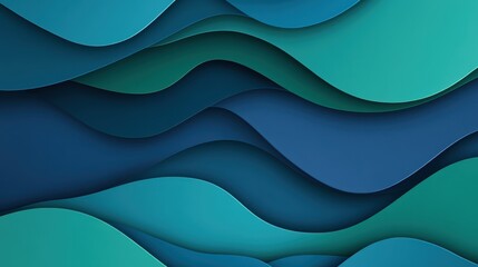 Fototapeta premium Layered blue and green paper cut waves forming dynamic, modern backdrop with dimensional depth and flowing visual movement